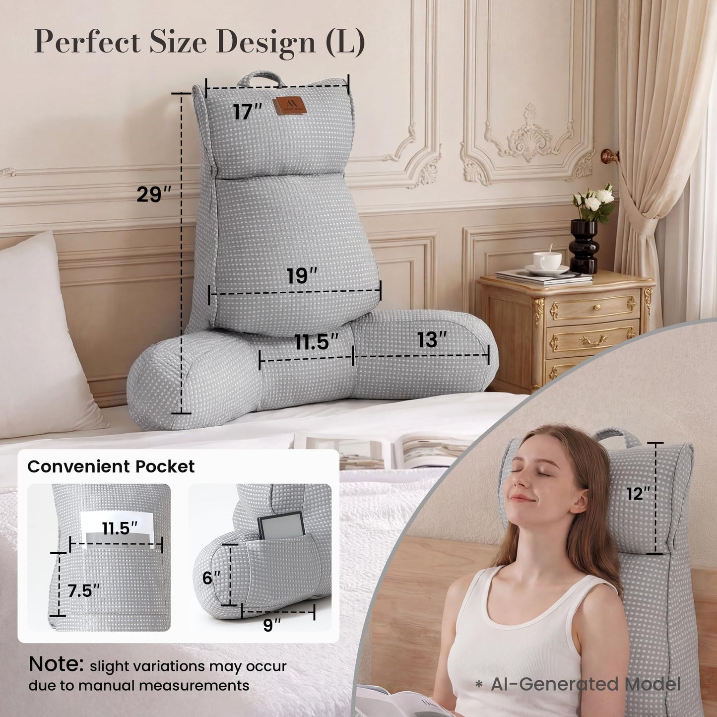 Amélie Home Cooling Reading Pillow with Arms for Adults, Breathable Waffle Fabric Bed Rest Pillow for Sitting Up, Ergonomic Back Support with Pockets for Gaming Relaxing, Cooling Gray, 29 Inches
