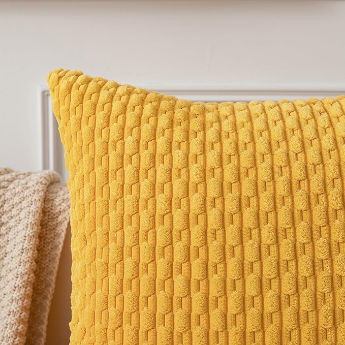 Kevin Textile Set of 2 Decorative Pillow Cover Solid Striped Corduroy Plush Velvet Cushion Cover for Couch Machine Washable Pillowcase 50cm 20 x 20 Inch Yellow