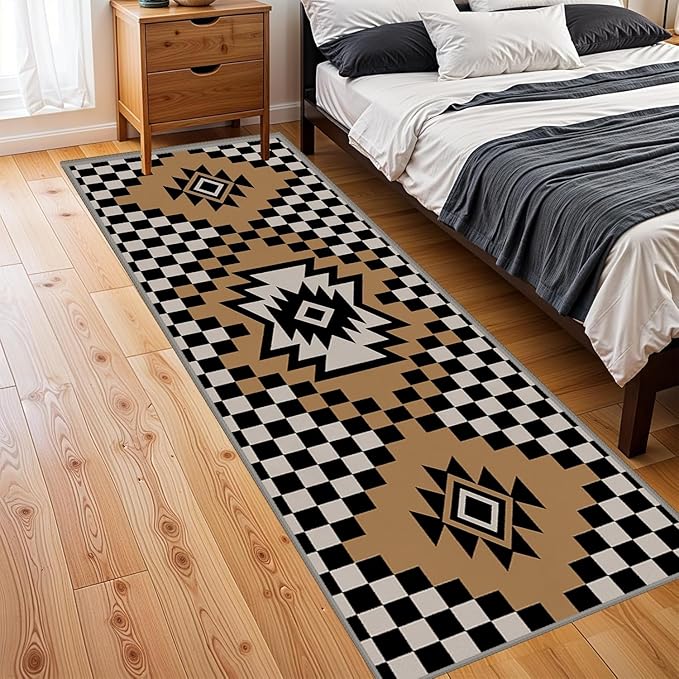 Western Aztec Long Hallway Rug Runners, 2.6x10ft, Modern Brown Diamond Check Area Carpet for Living Room, Easy Clean Fade Resistant Durable Foldable Pet Friendly Rugs for Front Door