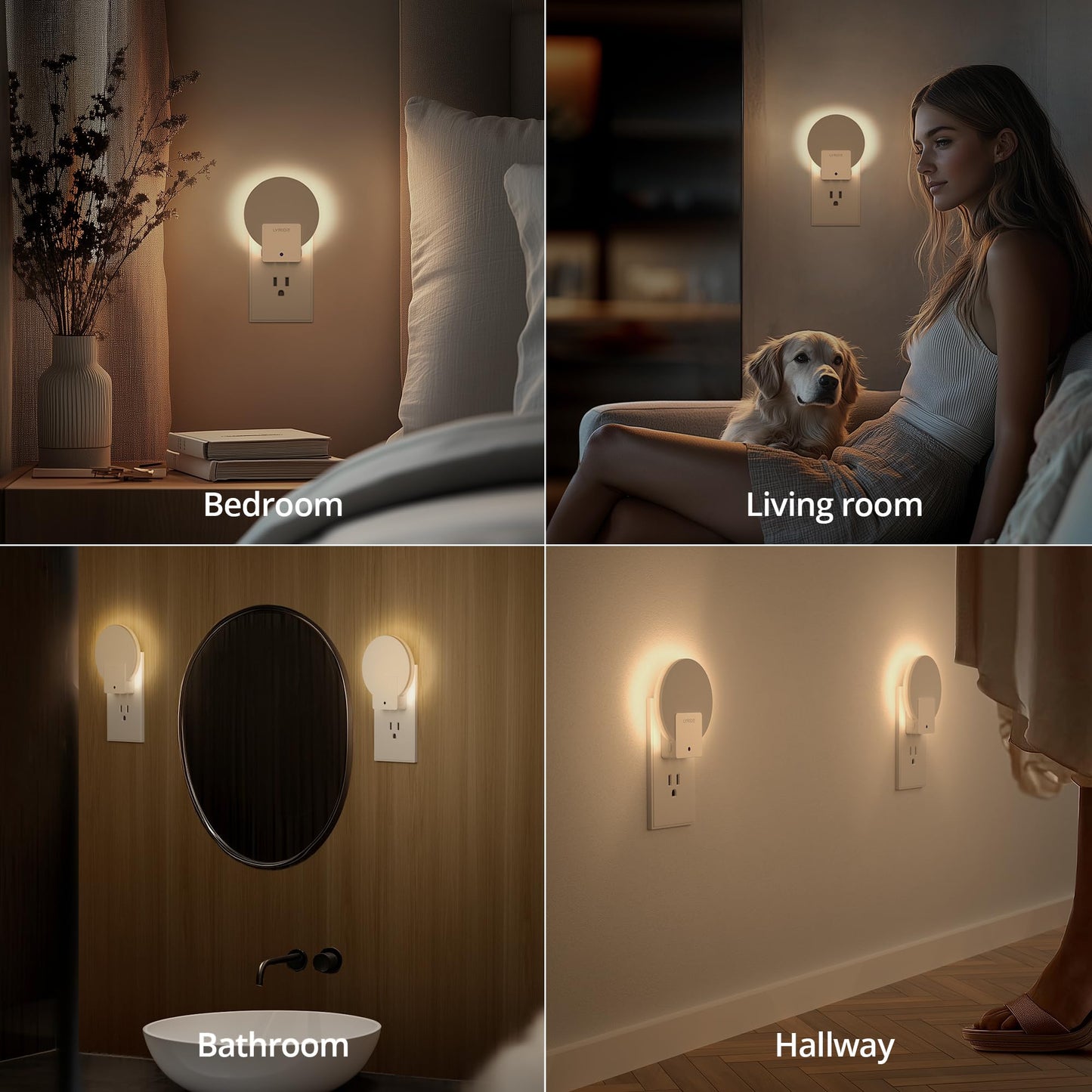 Lyridz Plug in LED Backlit Night Light with Auto Dusk to Dawn Sensor, 1-50 LM Dimmable Warm White Nightlight Indoor for Bedroom, Bathroom, Kids Room, Pet House, Kitchen, Stairs, Hallway, 4 Pack