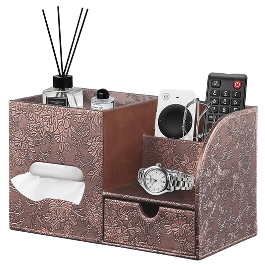 Fanousy Square Tissue Box Cover with Drawer Storage and Tray on Top, PU Leather Tissues Cube Boxes Holder, Modern Nightstand Organizer Caddy, Remote Control Holder for Bathroom, Bedside, Office, Home