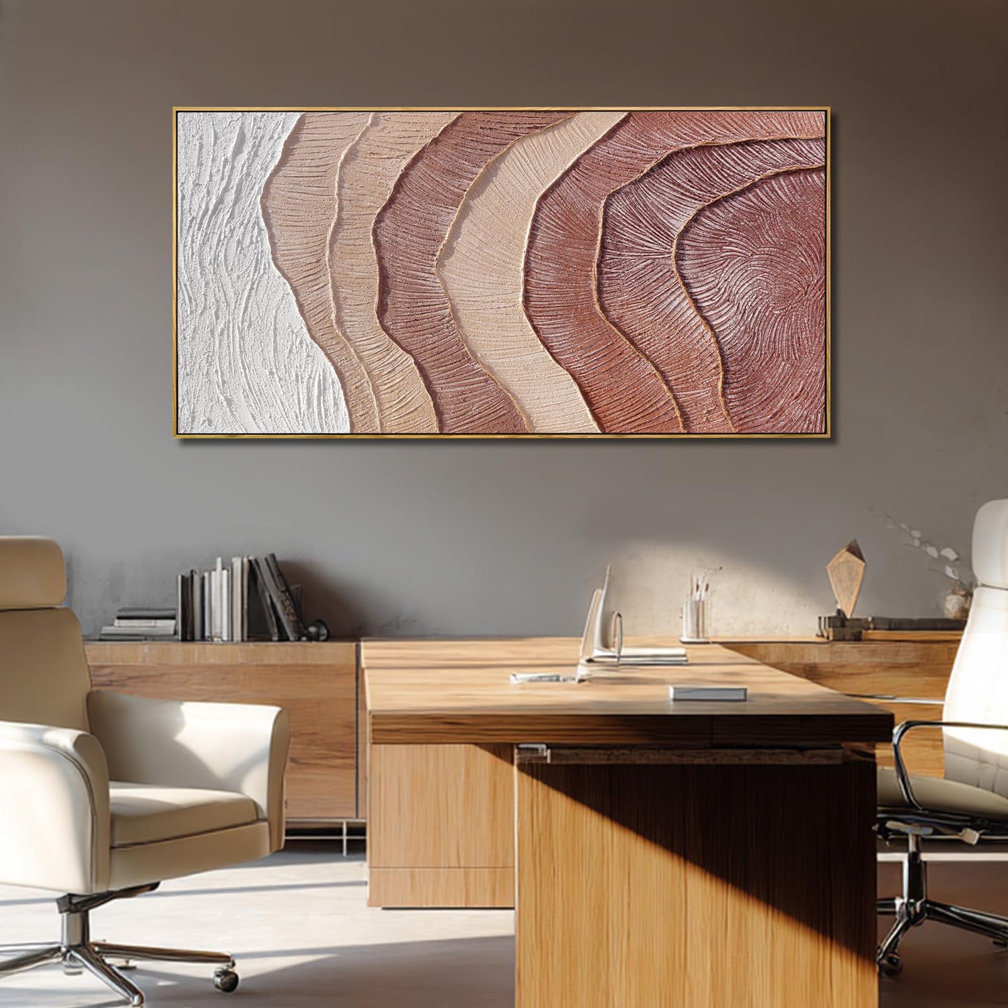 Framed Abstract Wall Art, Hand-Painted Beige Brown Textured Oil Painting on Canvas, Modern Neutral Wall Decor for Living Room Bedroom Office, 29x58 Inch