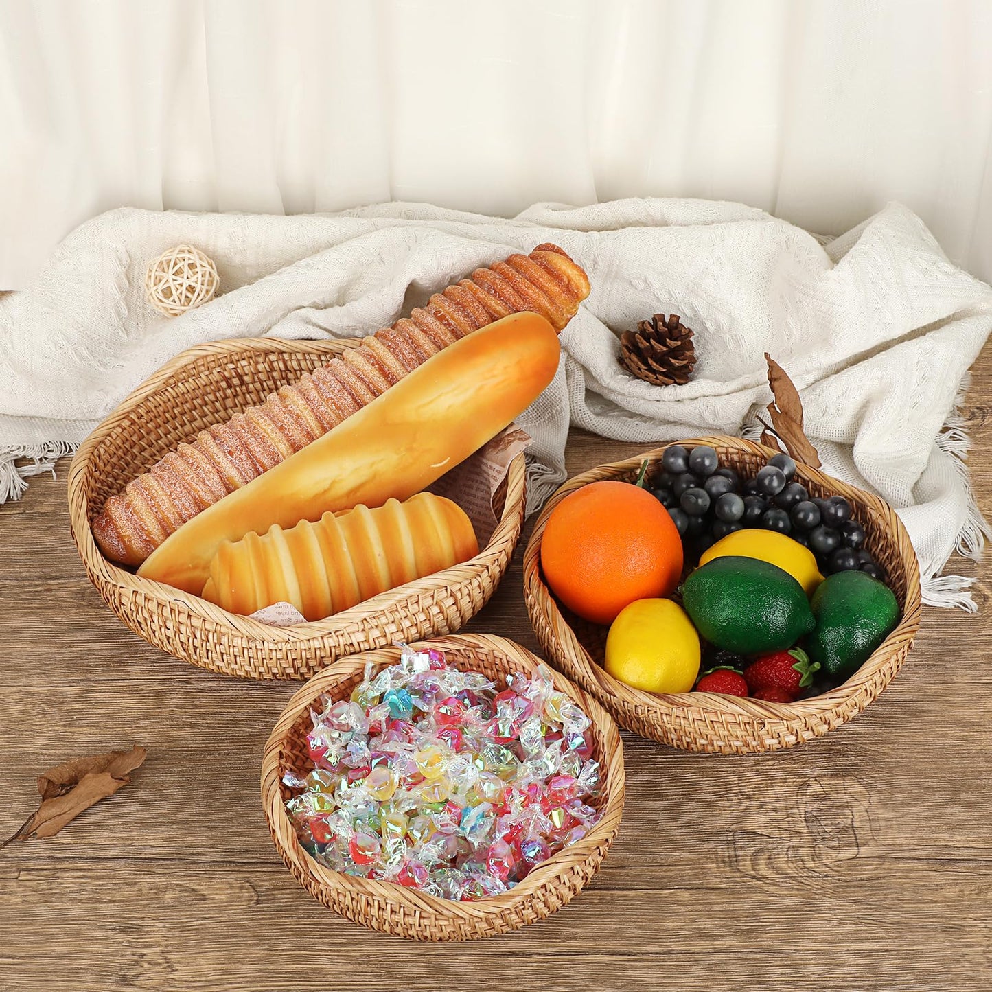 Hipiwe Natural Rattan Tray 8.5" Wicker Storage Bowls Hand Woven Basket Tray for Bread Fruit Key Round Fruit Baskets for Kitchen Entryway Tabletop Decorative Baskets Bowl