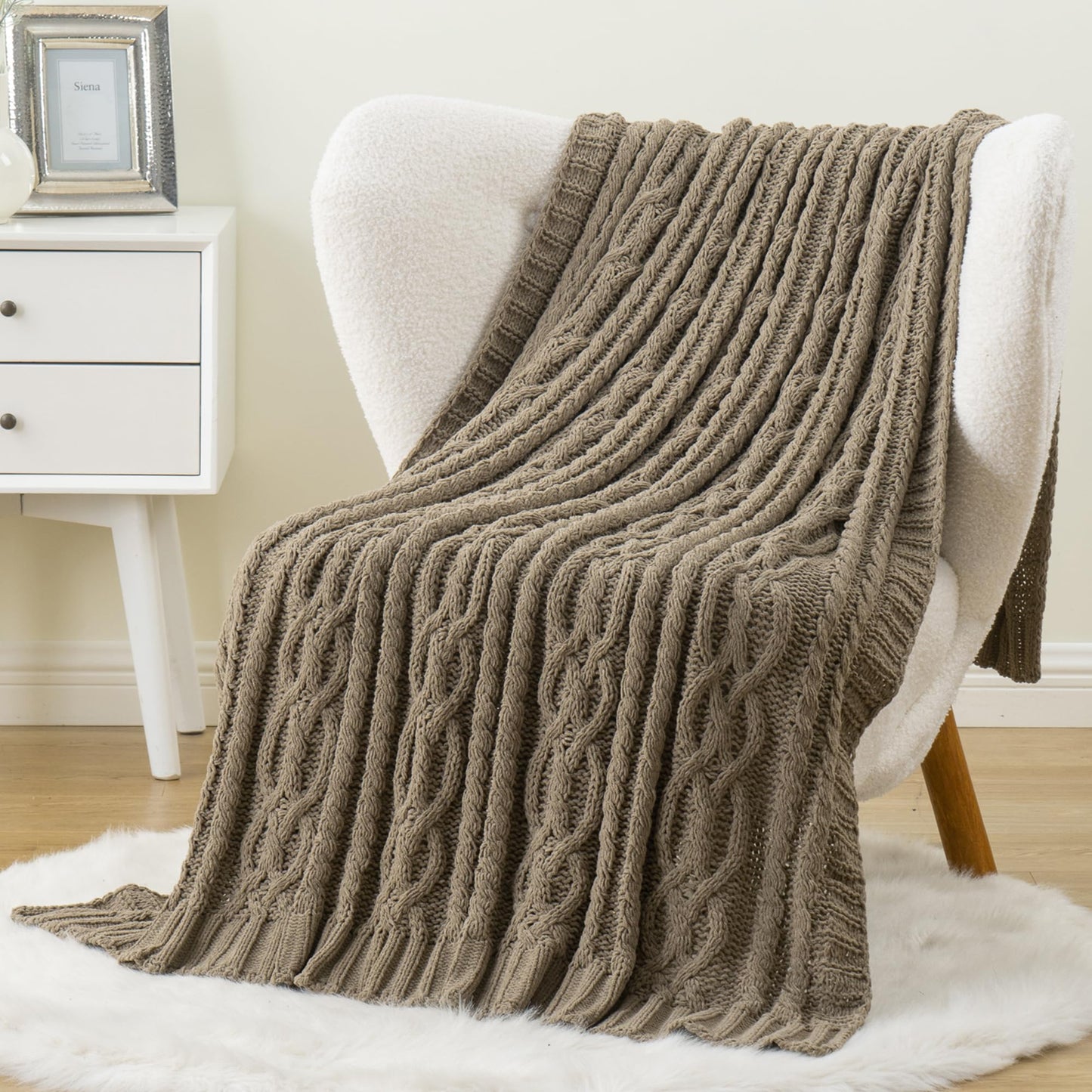 Battilo Camel Tan Throw Blanket for Couch,51"x67", Cable Chenille Knitted Throw Blankets for Bed, Sofa, Chair,Living Room, Soft Cozy Thick Warm Decorative Textured Blanket.
