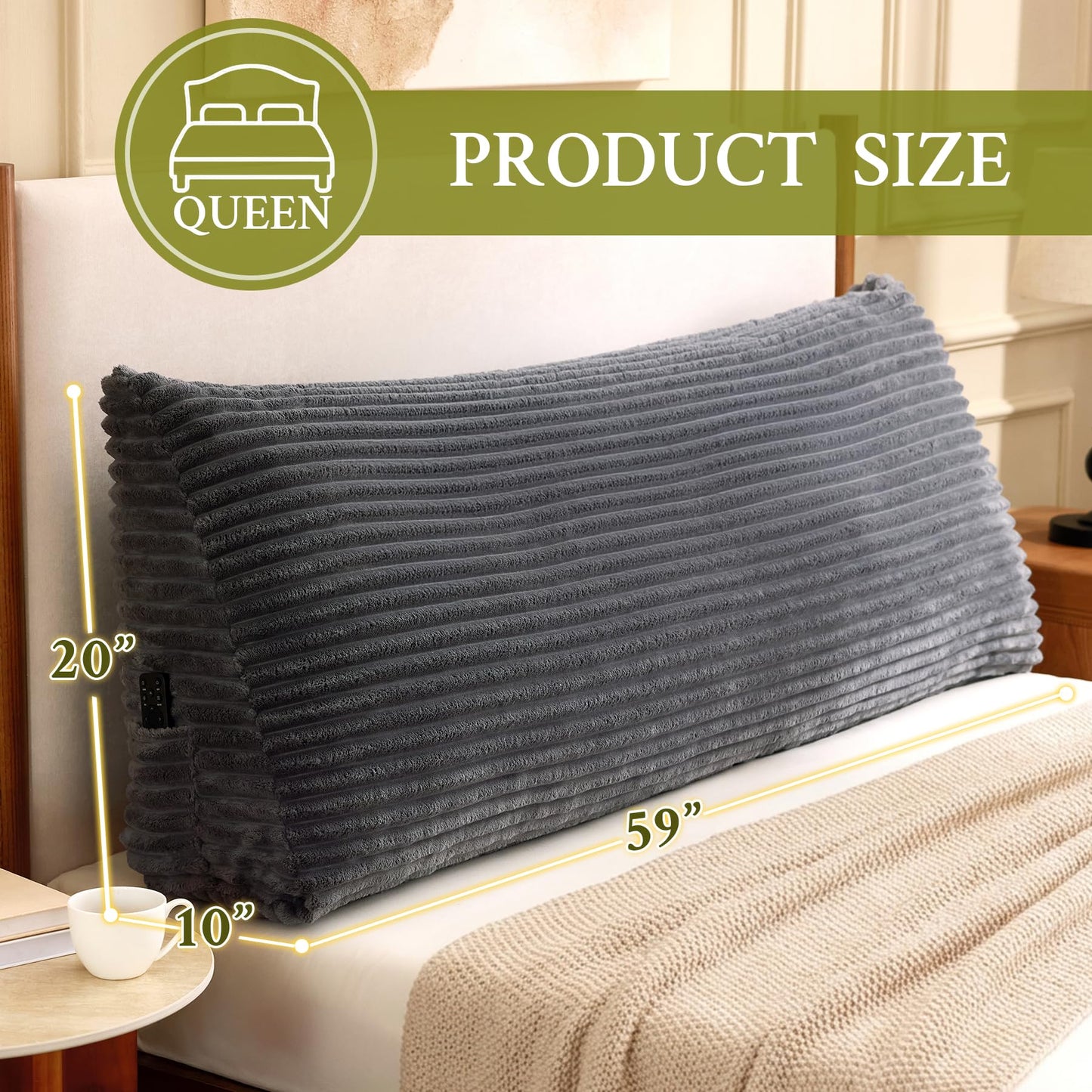 Zonamat Headboard Pillow Queen, Headboard Wedge Pillow, Back Rest Pillows for Sitting, Reading, Working, Triangle Pillow with Removable Cover, Daybed Pillows for Bed Dorm Sofa, Dark Grey