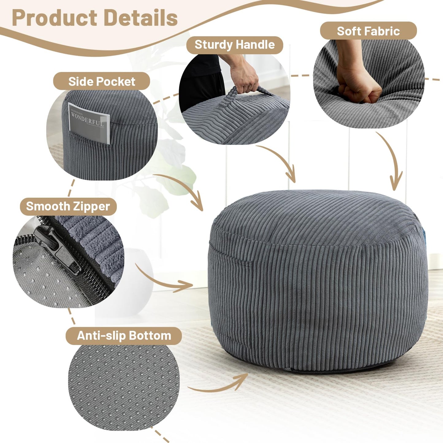 Manyday Round Stuffed Pouf Ottoman,Corduroy Foot Rest with Rebound Foam Filled, Furry and Fluffy Foot Stool Ottoman, Floor Poufs for Living Room (Gray, 26" D x 26" W x 18" H)