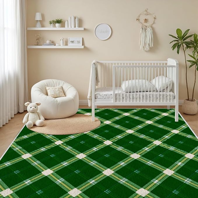 Plaid Rug - 6x9 Rug for Living Room, Geometric Stripes Soft Neutral Indoor Floor Carpet, Non-Slip Stain Resistant Modern Washable Rugs for Bedroom, Green Area Rugs