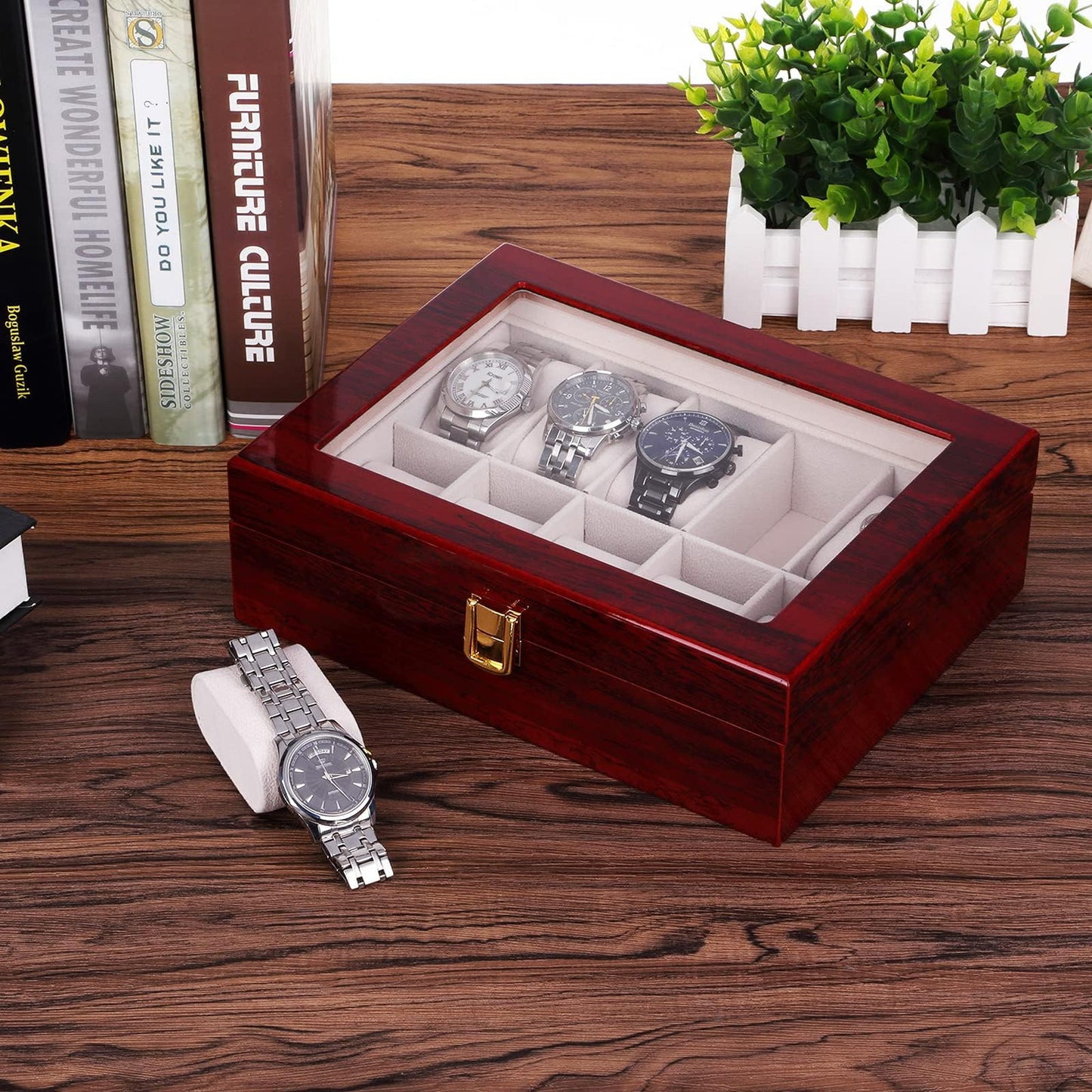 Uten Watch Box, 10 Slots Wooden Watch Case with Removable Watch Pillow, Metal Clasp Watch Display, Watch Box Organizer for Men and Women