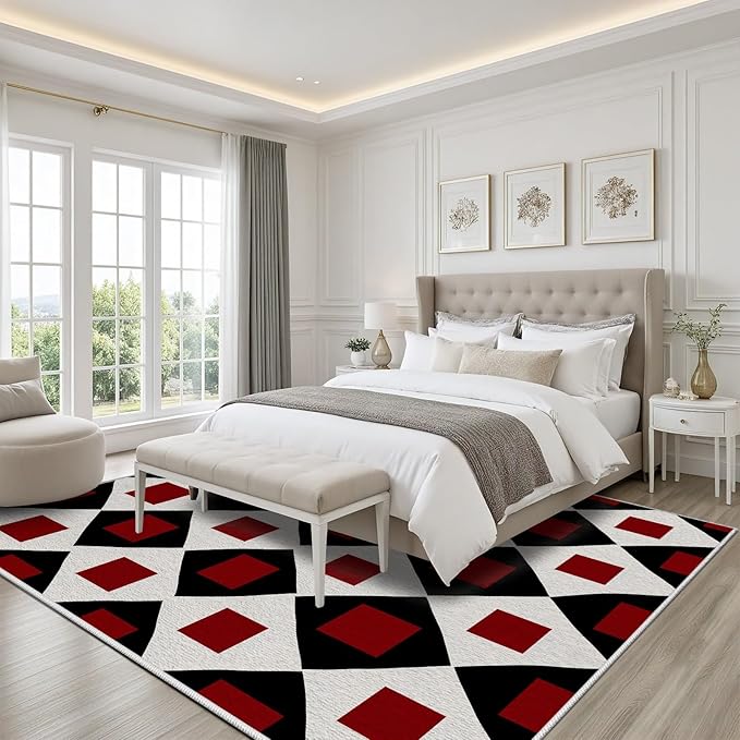 Plaid Rug 4x5, Vintage Geometric Soft Ultra Soft Faux Wool Low Pile Rug, Indoor Floor Mats Carpet, Non-Slip Stain Resistant Washable Rugs, Modern Red Rugs for Living Room Home Office Decor
