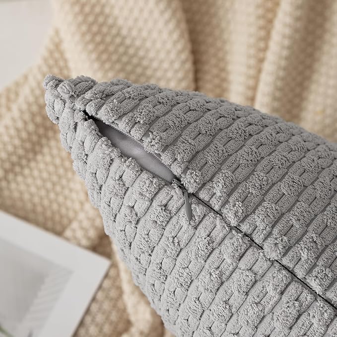 Kevin Textile 2 Packs Light Grey Decorative Throw Pillow Covers 26x26 Inch for Living Room Couch Bed Sofa Rustic Farmhouse Boho Home Decor Soft Striped Corduroy Square Cushion Case 66x66 cm