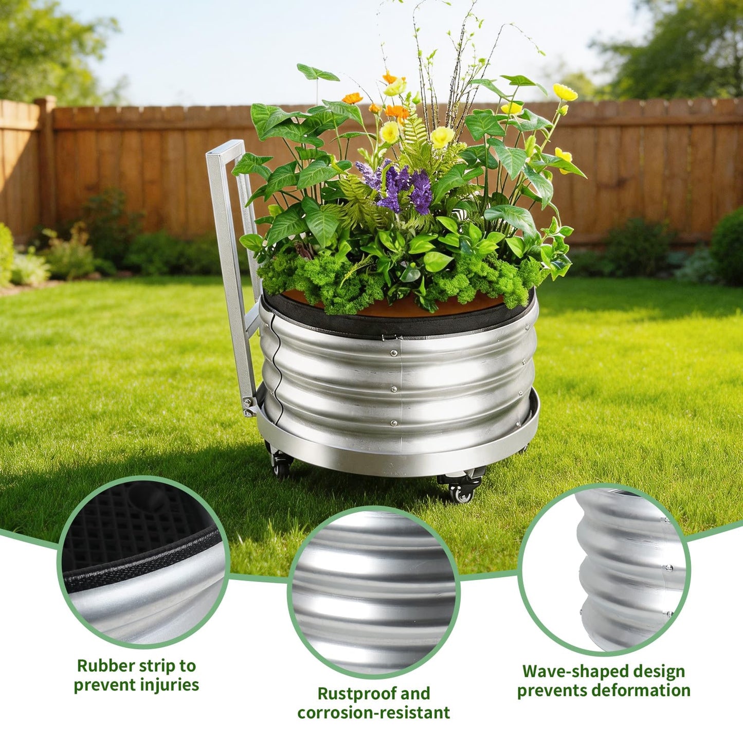 Rolling Planter Metal Raised Garden Bed Outdoor with Wheels, 2×2×1.5ft Galvanized Large Tree Pots with Rubber Edge, Includes Geotextile Liner, Mesh Drainage Tray, Mobile Vegetable Flower Planter Box