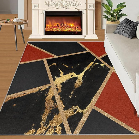 Black Gold Marble Area Rug Modern Abstract Marble Rug Polygonal Geometric Patchwork Carpet 3D Light Luxury Geometric Line Carpet for Living Room Playroom 6x8ft