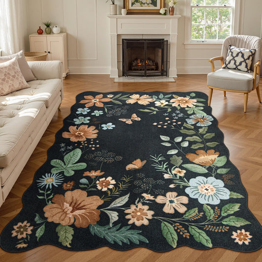 Lahome Floral Rugs for Living Room, 5x7 Area Rugs Ultra-Thin Soft Washable Rug, Non-Slip Bedroom Rug Stain Resistant Boho Flore Carpet for ‎Dining Room Office (5x7ft,Black/Grey)