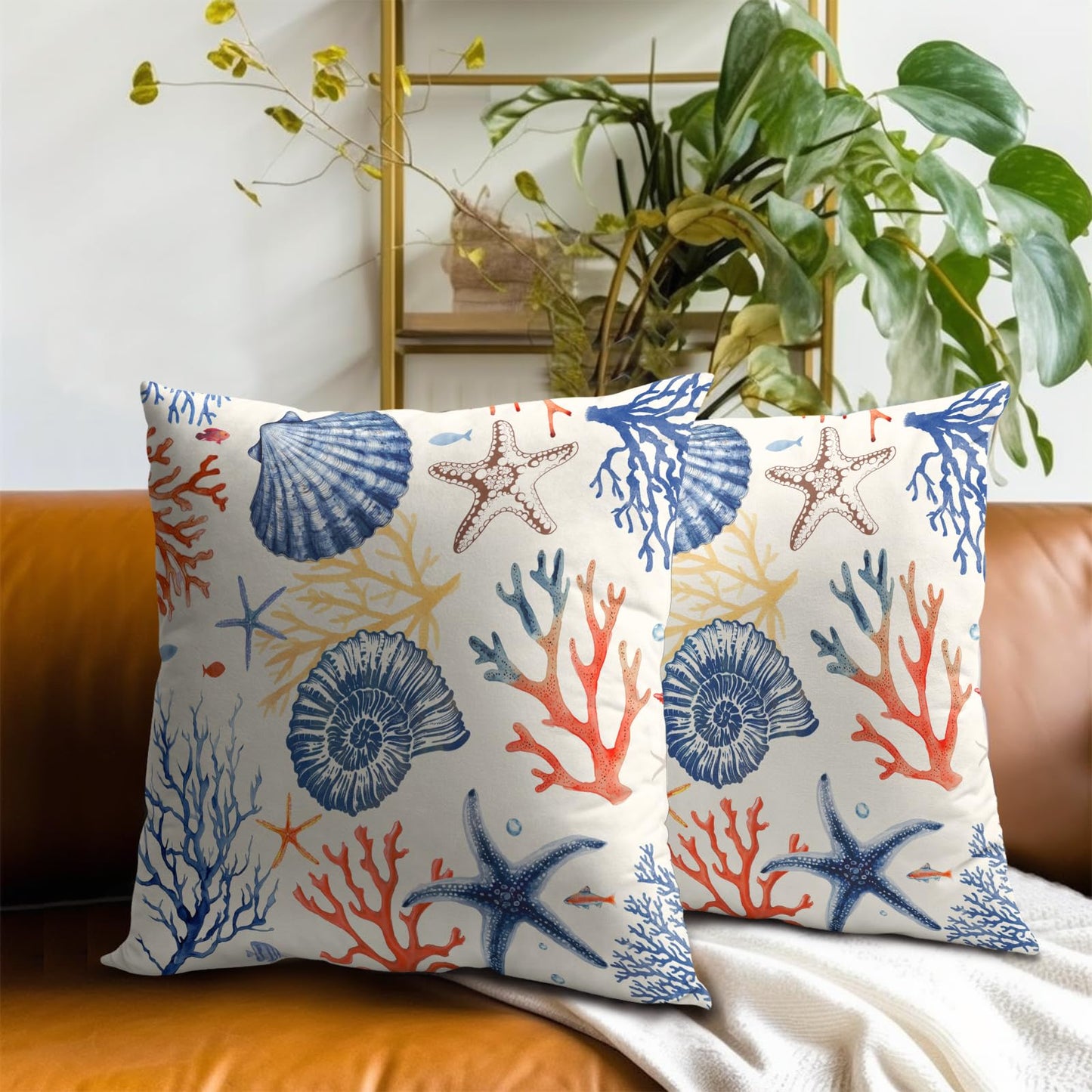 Mweet Nautical Coastal Throw Pillow Covers 18x18 Set of 2, Summer Ocean Beach Coral Decorative Pillow Cases Cotton Cushion Cover for Home Sofa Couch Wedding Anniversary Decor