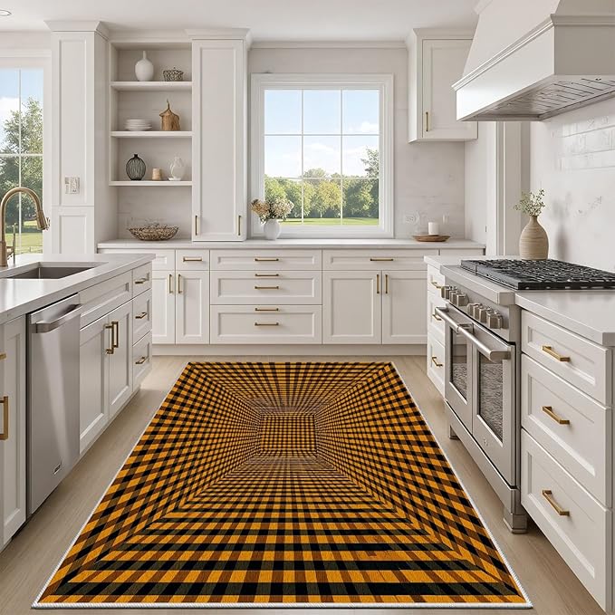 3D Rugs Optical Illusion - Plaid Rug 2x3, Geometric Stripes Soft Neutral Indoor Floor Mats Carpet, Non-Slip Stain Resistant Modern Orange Rug for Bedroom, Living Room Rugs