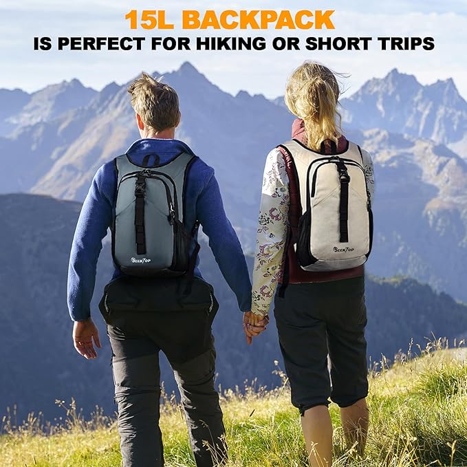 Seektop 15L Small Hiking Backpack for Women Men, Lightweight Hiking Packable Daypack with Phone Pocket for Travel Camping (Beige, 15L)