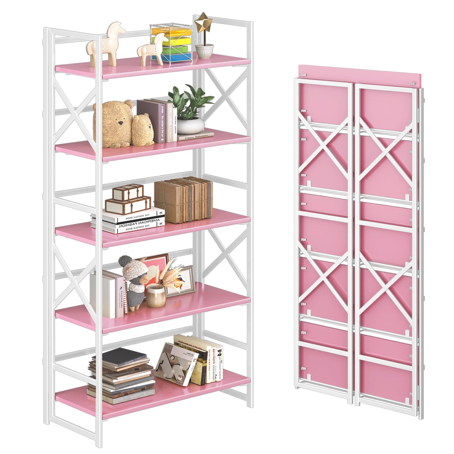 4NM 5 Tiers No Assembly Book Shelves, 51.2" H Folding Bookshelf Bookcase Open Industrial Foldable Shelves for Bedroom, Living Room, Home Office - Pink White