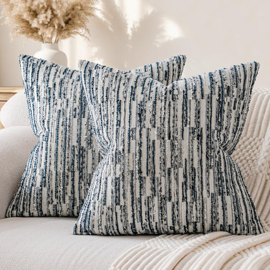 a moment Boho Throw Pillow Covers Set of 2,Striped Decorative Rustic Farmhouse Pillow Cases,Aesthetic Modern Home Decor Couch Cushion Covers for Bed Sofa Living Room 18"X18" Blue