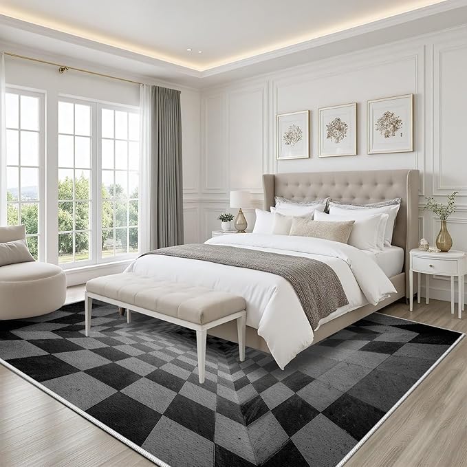 3D Rug 6x8, Plaid Soft Ultra Soft Faux Wool Low Pile Optical Illusion Rug, Indoor Floor Mats Abstract Geometric Carpet, Non-Slip Stain Resistant Washable Rugs, Modern Gray Rugs for Living Room