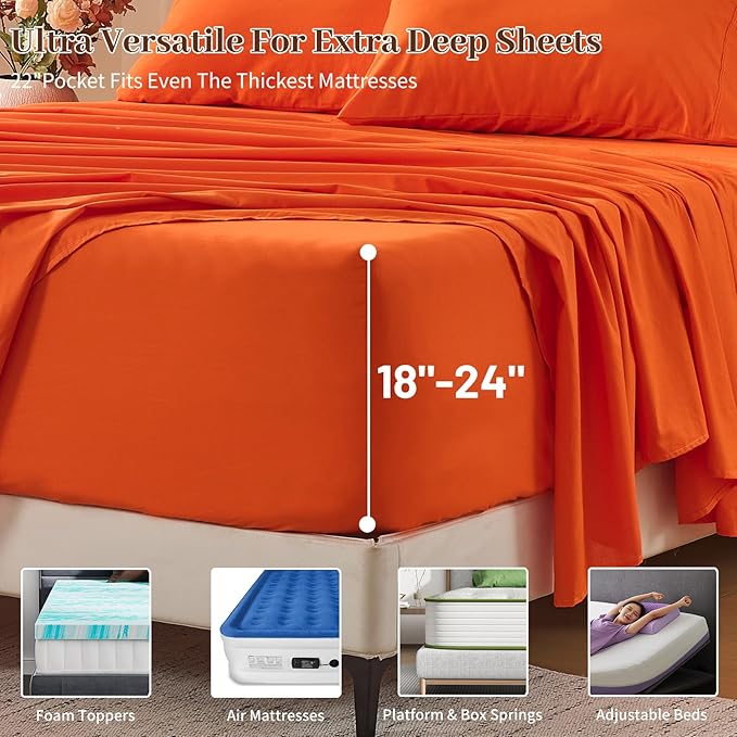 MEISHANG 100% French Pure Linen Sheets Queen Size - 6 PC Extra Deep Pocket Sheet Set, Soft Durable Flax Linen, Anti-Tear Breathable & Oeko-Tex Certified 18-24 Deep Pocket,All Season(Orange)