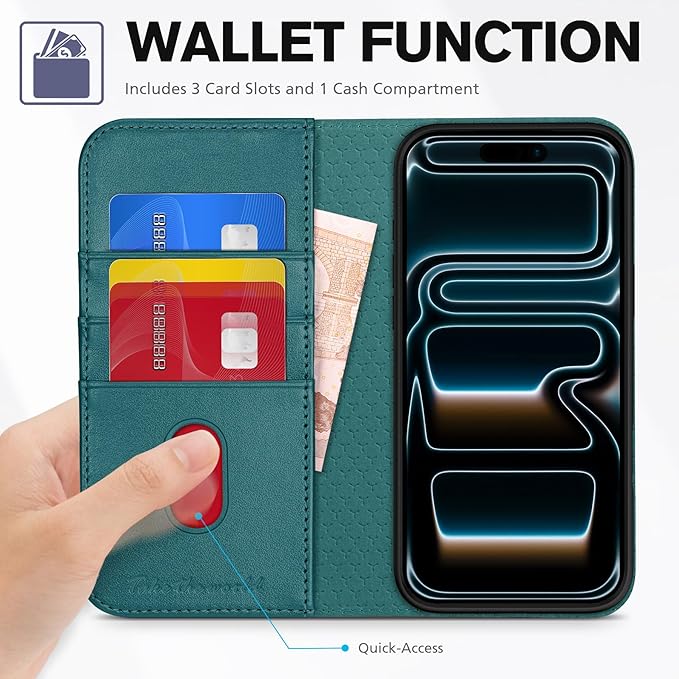 TUCCH Case Wallet for iPhone 17 Pro Max (6.9-Inch) 2025, [3 Card Slots] Kickstand [RFID Blocking] PU Leather Case, Flip Folio Cover with [TPU Shockproof Interior Shell], Teal Green
