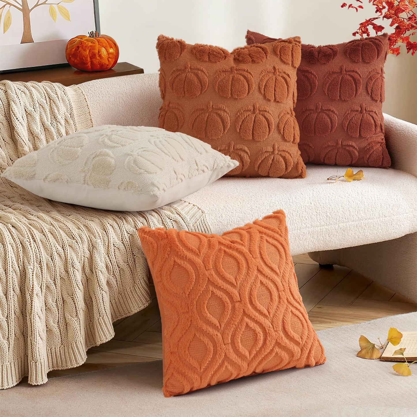 decorUhome Throw Pillow Covers 12x20 Inch Set of 2, Soft Plush Faux Wool Orange Solid Couch Pillow Covers, Accent Farmhouse Neutral Rectangle Pillow Cases for Sofa Bed Living Room