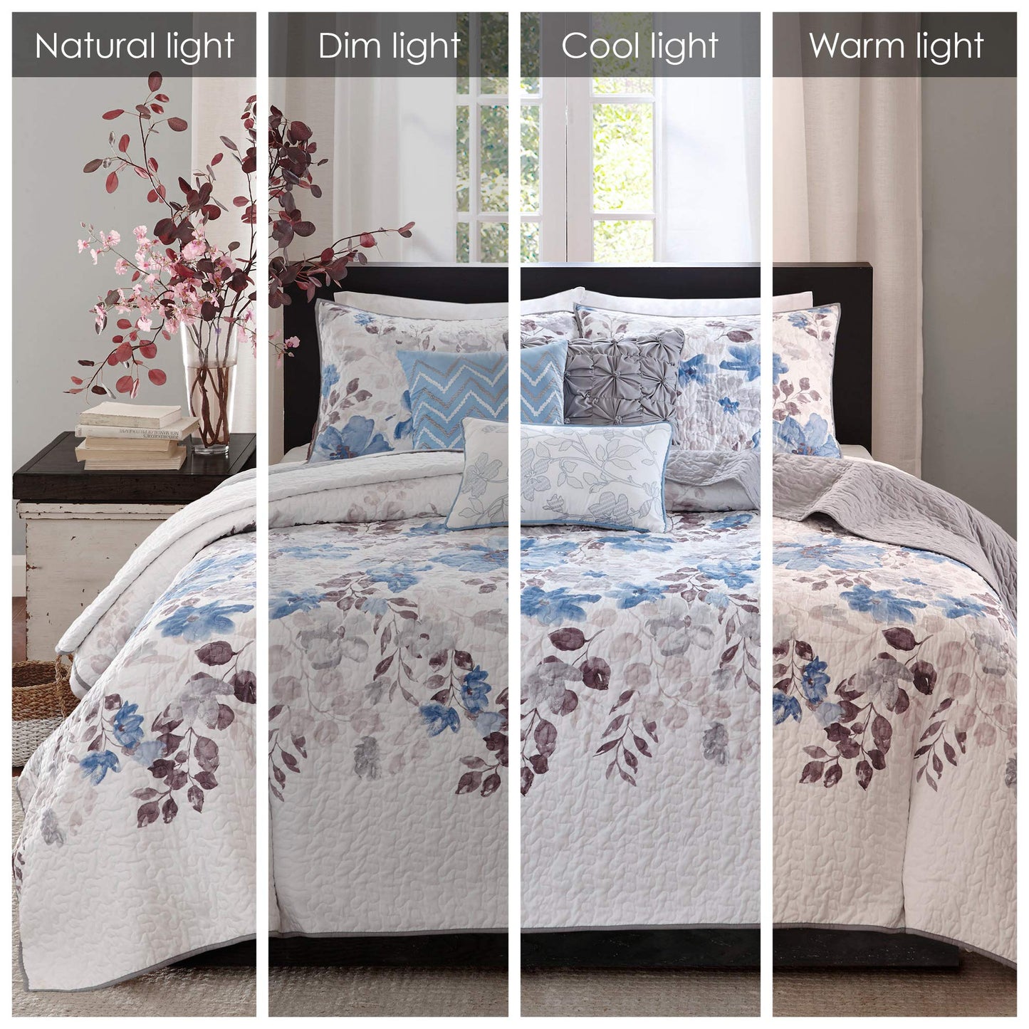 Madison Park Luna Quilt Modern Classic Design All Season, Breathable Coverlet Lightweight Bedding Set, Matching Shams, Decorative Pillow, King/Cal King(104"x94"), Floral Blue 6 Piece