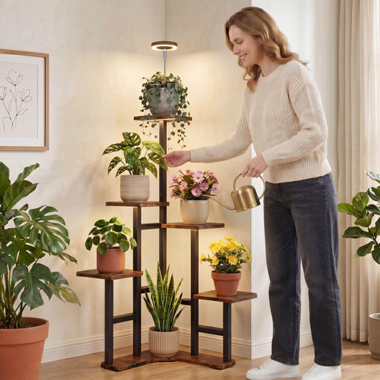 Plant Stand Indoor with Grow Lights, 6 Tiered Corner Plant Stands for Indoor Plants, Max Height: 43" Corner Shelf & Plant Shelf, Flower Display Holder, Corner Shelves for Living Room Gardening Warm Light Auto Timer 3H/9H/12H
