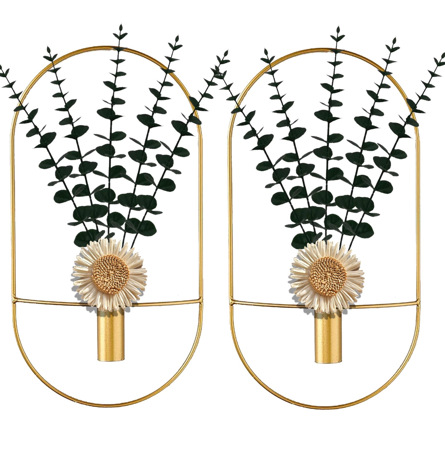 2 Pack Gold Metal Plants Wall Hanging Decor, Metal Hanging Vase for Living Room, Bedroom, Bathroom, Dining Room, Wall-Mounted Plant Decor with Artificial Plants
