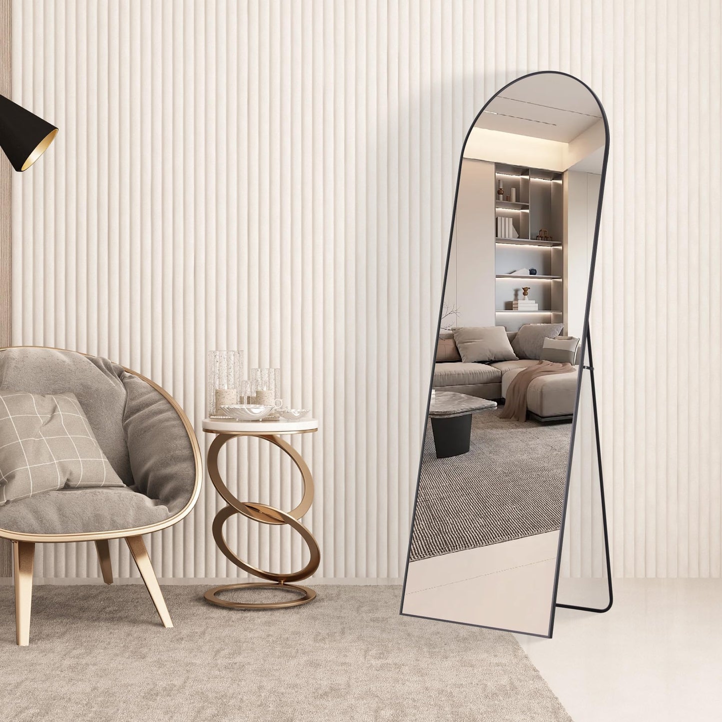 Hexago Arched Floor Full Length Mirror 64"x21", Aluminum Alloy Thin Frame Floor Standing Mirror, Hanging or Leaning for Wall, Suitable for Bedroom, Living Room, Dressing Room, Black