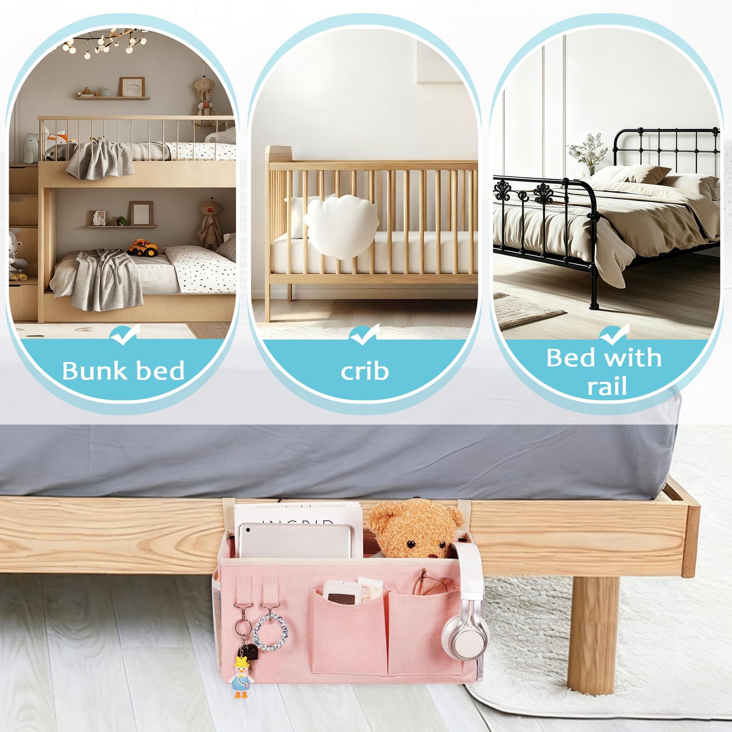 Loghot Bedside Caddy/Bedside Storage Bag Hanging Organizer for Bunk and Hospital Beds,Dorm Rooms Bed Rails,Can be Placed Glasses,Books,Mobile Phones,Keys (Light Pink)