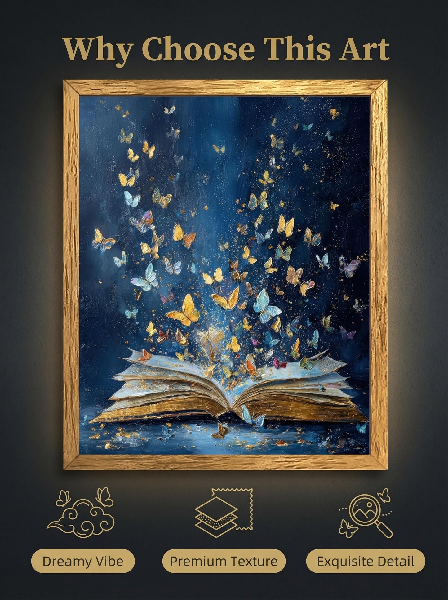 HYFBH Framed Colorful Butterfly & Magical Book Canvas Print Wall Art Fantasy Butterflie Emerging From Book Posters Modern Aesthetic Art for Bedroom Dorm Library Reading Room 12x16 Inch Ready to Hung