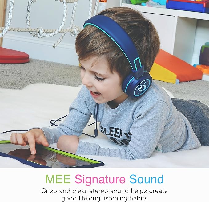 MEE audio KidJamz KJ55 Safe Listening USB-C Headphones for Children with Multicolor LED Lights, Volume Limiter, & Microphone; On-Ear Wired Kids Headset for iPhone 16, iPad, & USB Type C Devices (Blue)