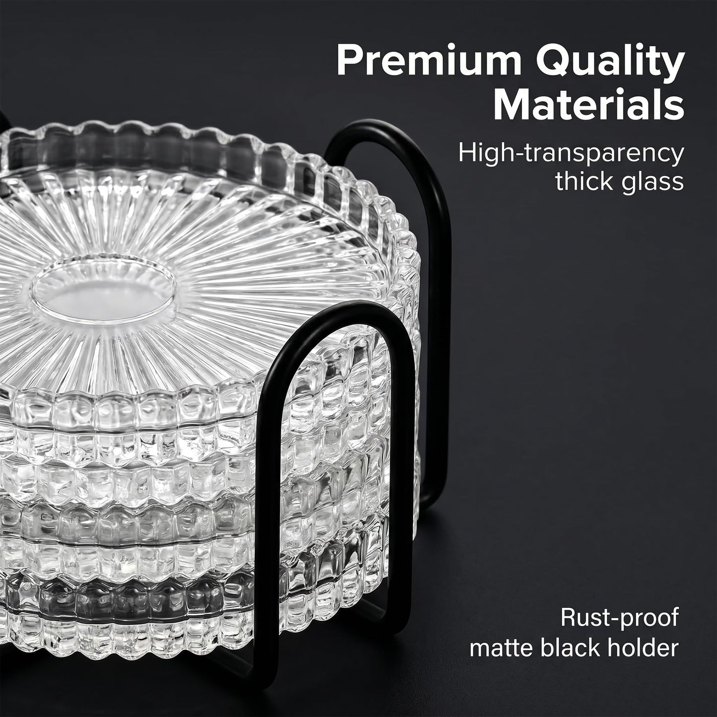 Modern Clear Coaster Set of 6- Glass Coasters for Drinks with Holder Crystal Coaster Round Cup Coasters Coffee Table Decor for Office, Kitchen, Bar, Dining Room, Living Room, Patio(Clear)