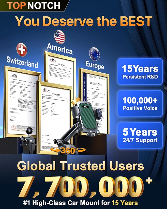 2026 Ultimate Best【True Military-Grade & Safety Cert】Car Phone Holder HTU【Upgraded 5-in-1 & 100+LBS Strongest Suction】360 Rotation Truck Windshield Dashboard Vent Mount Stand for iPhone Android, Green