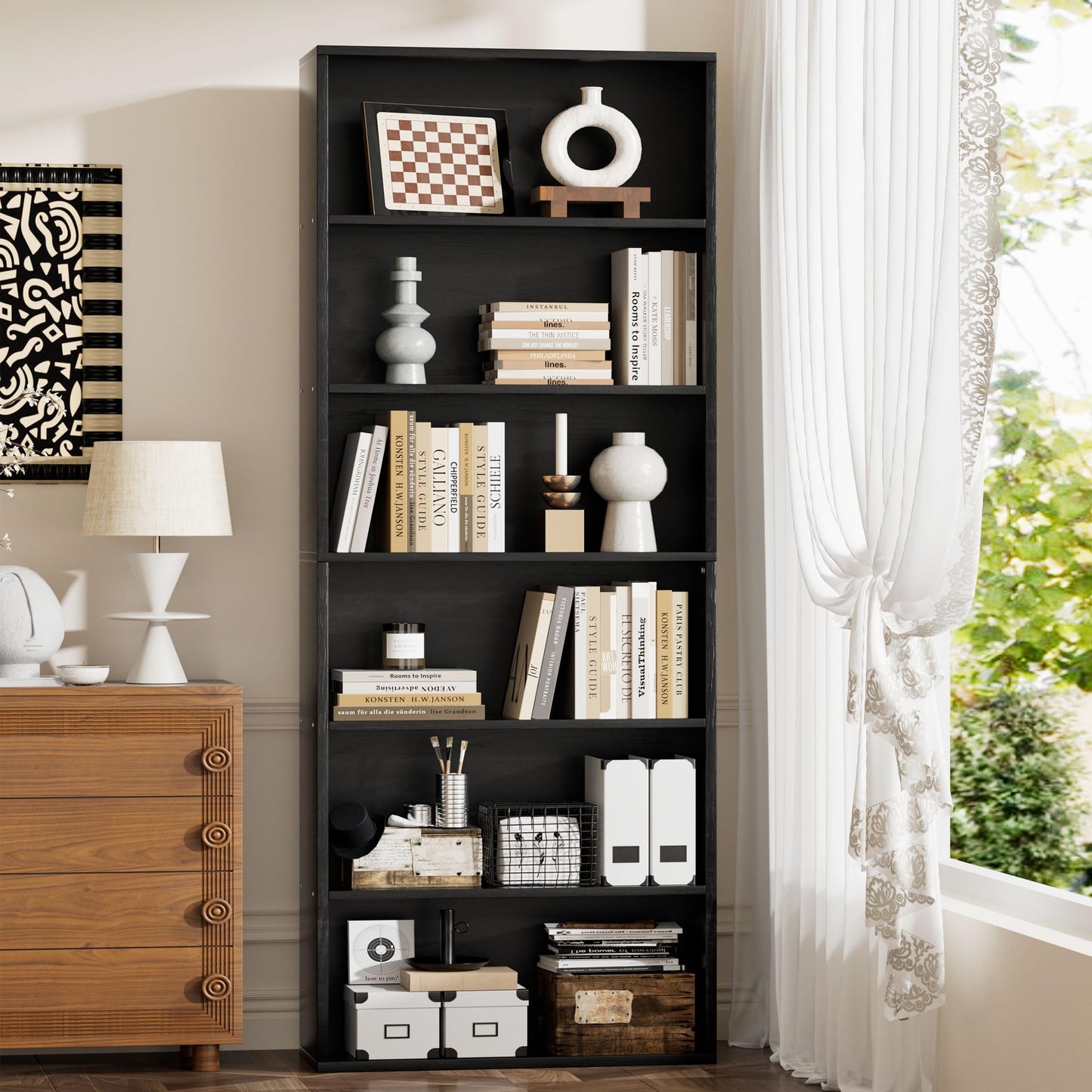 JAMFLY Narrow Tall Bookshelf 6 Shelf Bookcase Vertical Storage, Slim Profile Tall Narrow Storage Unit for Home Office, Living Room, Bedroom, Black