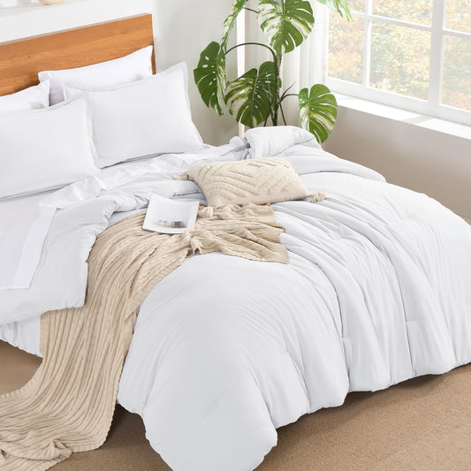 Andency White Comforter Queen - 7 Pieces Bed in a Bag Queen Bedding Comforter Sets, Summer Solid Soft Lightweight Comforter with Fitted Sheets, Flat Sheets, Pillowcases & Shams