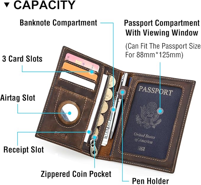 Top Grain Leather Single Travel Passport Wallet Embossing Badge for Unisex, Folio Design for Passport & Multi Cards, RFID Blocking for Passport/Cards/Checks/Bills/AirTag, Coffee Default, AU
