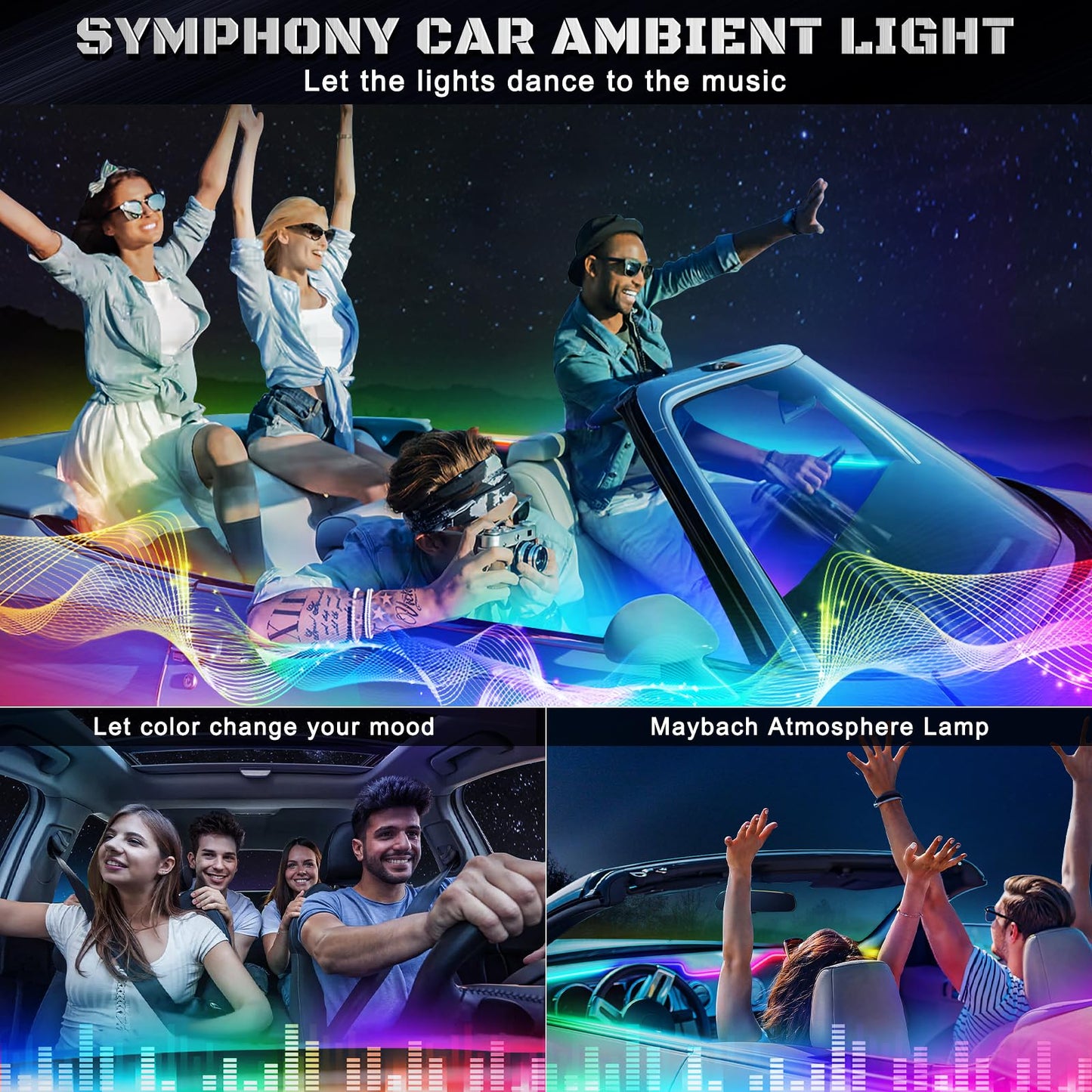 Dreamcolor Acrylic Interior Car LED Strip Light with Wireless APP, Dual Zone RGB 18 in 1 with 175 inches 593 LEDs Fiber Optic Neon Strip Lights for Car, Music Sync Neon Car Ambient Lighting Kits