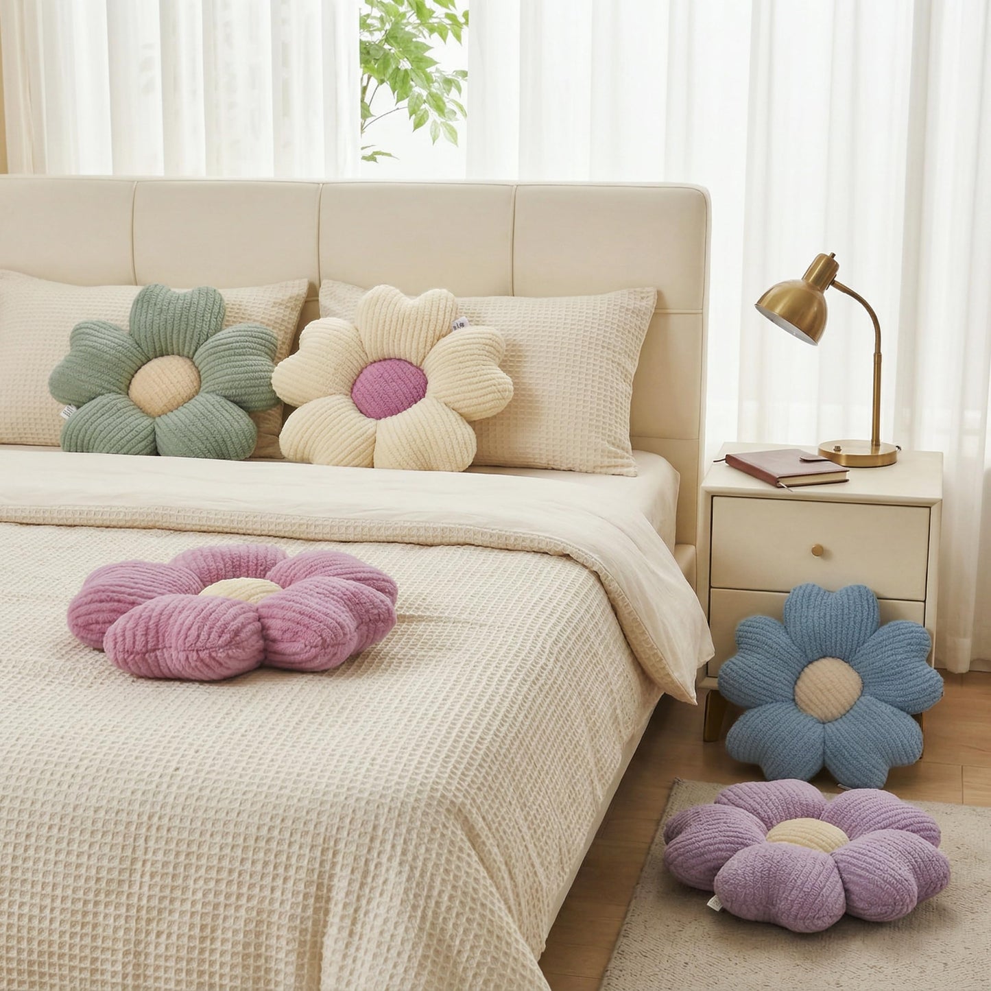 JZNEXD 2 Pcs Sage Green Decorative Throw Pillows, 15'' Cute Daisy Flower Shaped Pillow Floor Seating Cushion for Bed Couch Bedroom Room Dorm Decor (Sage Green & Ivory)