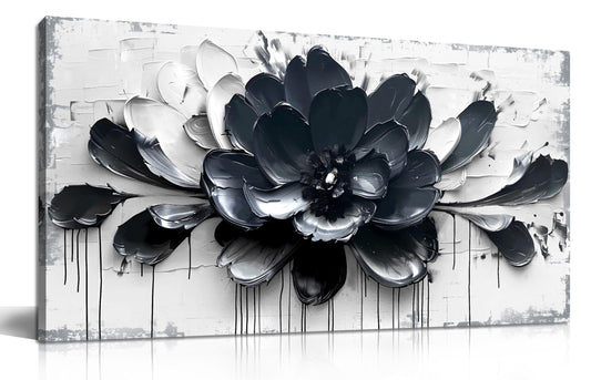 GUGIKA Flower Wall Art for Bedroom, Blue Black and White Canvas Wall Decor for Lving Room, Floral Picture Print Artwork for Office, Size 40 x 20 Inches