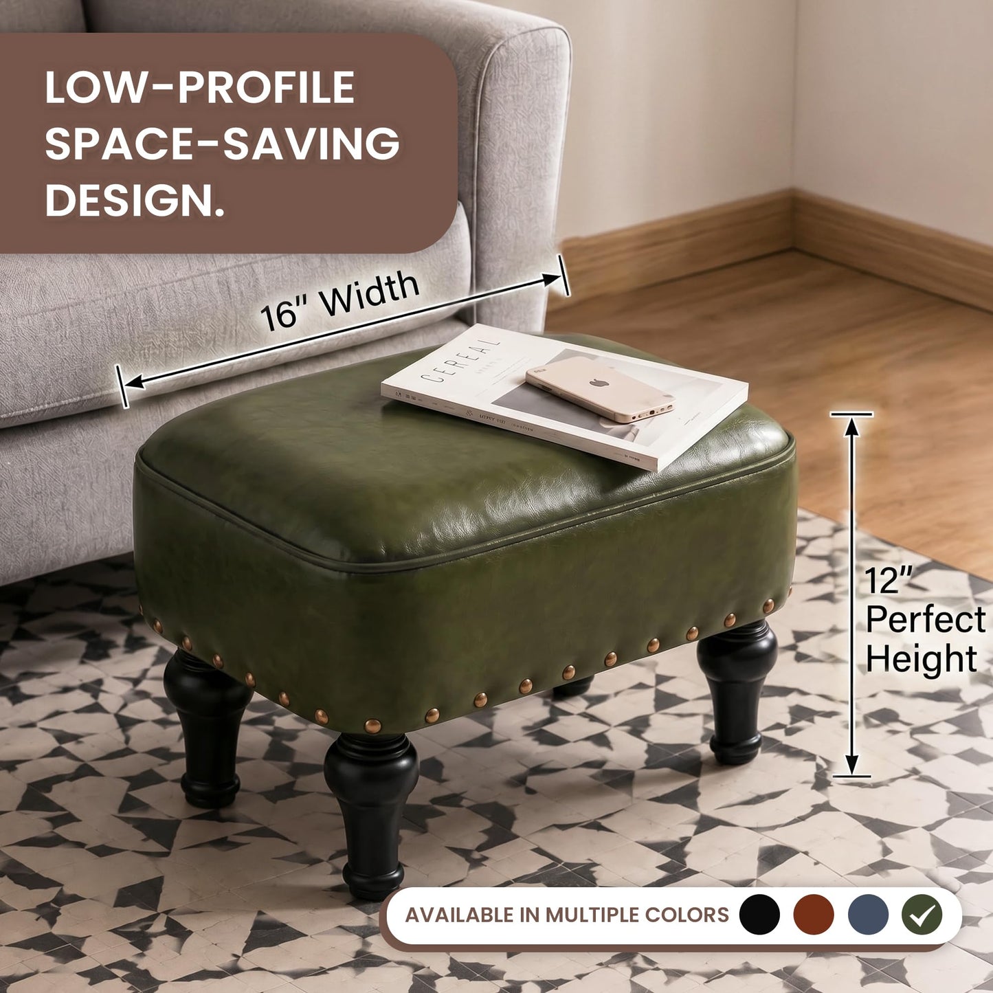 Cmishe Ottoman Leather Footrest, Vintage Footstool with Hidden Storage, Thickened Foam Upholstered Seat, Solid Beechwood Legs, Under Desk Shoe Bench Small Bench for Living Room Dining Room (Green)