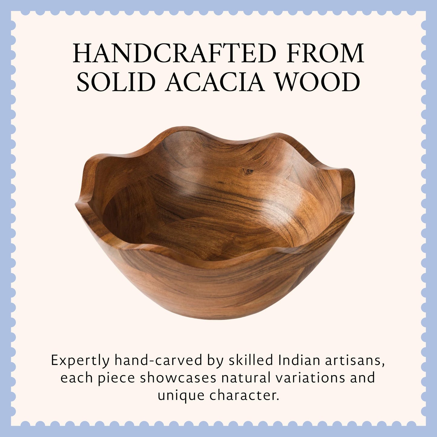 Mela Artisans 10 in Wide x 4 in Tall Scalloped Mango Wood Bowl – Hand-Carved Decorative Serving and Fruit Bowl with Visible Wood Grain for Kitchen Counter, Snacks, Bread and Home Decor