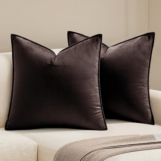 MIULEE Dark Brown Velvet Throw Pillow Covers 26x26 Soft Decorative Solid Square Euro Sham Cushion Cases Pack of 2 Modern Luxury Home Decor for Couch, Sofa, Bedroom