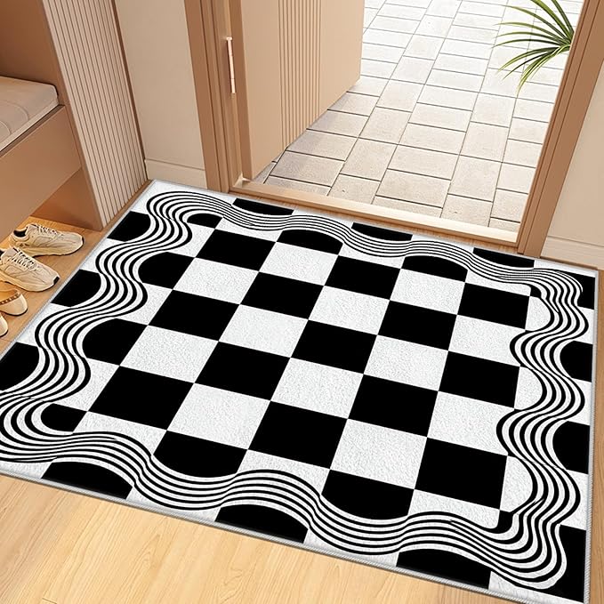 Checkered Area Rug, Checkerboard Rug, Geometric Plaid Washable Rugs, Modern Checkered Area Rugs 4x5, Wavy Line Carpet Non Slip for Bedroom Retro Home Decor