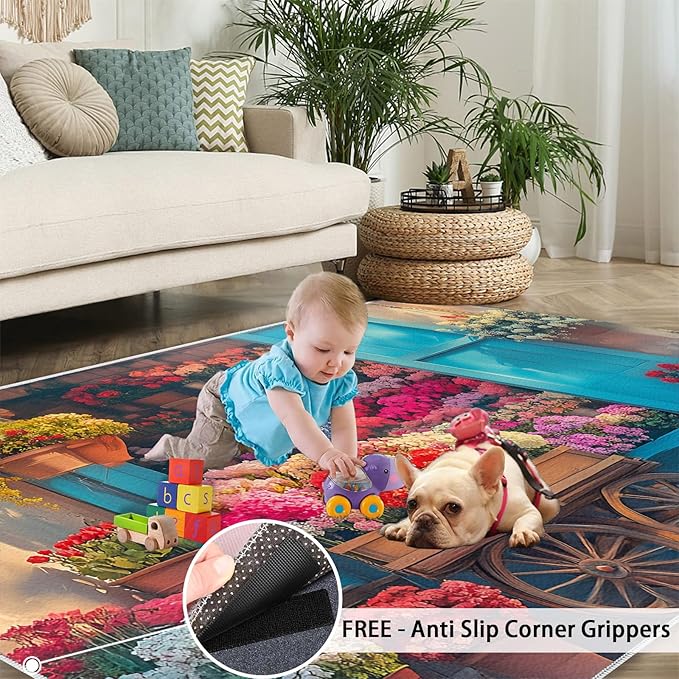 Pastoral Flowers 5x7 Area Rug Colorful Flower Shop Washable Rugs for Living Room Bedroom, Retro Wooden Door Soft Low Pile Non Slip Accent Floor Mat Print Throw Rug Indoor Carpet Dining Room Playroom