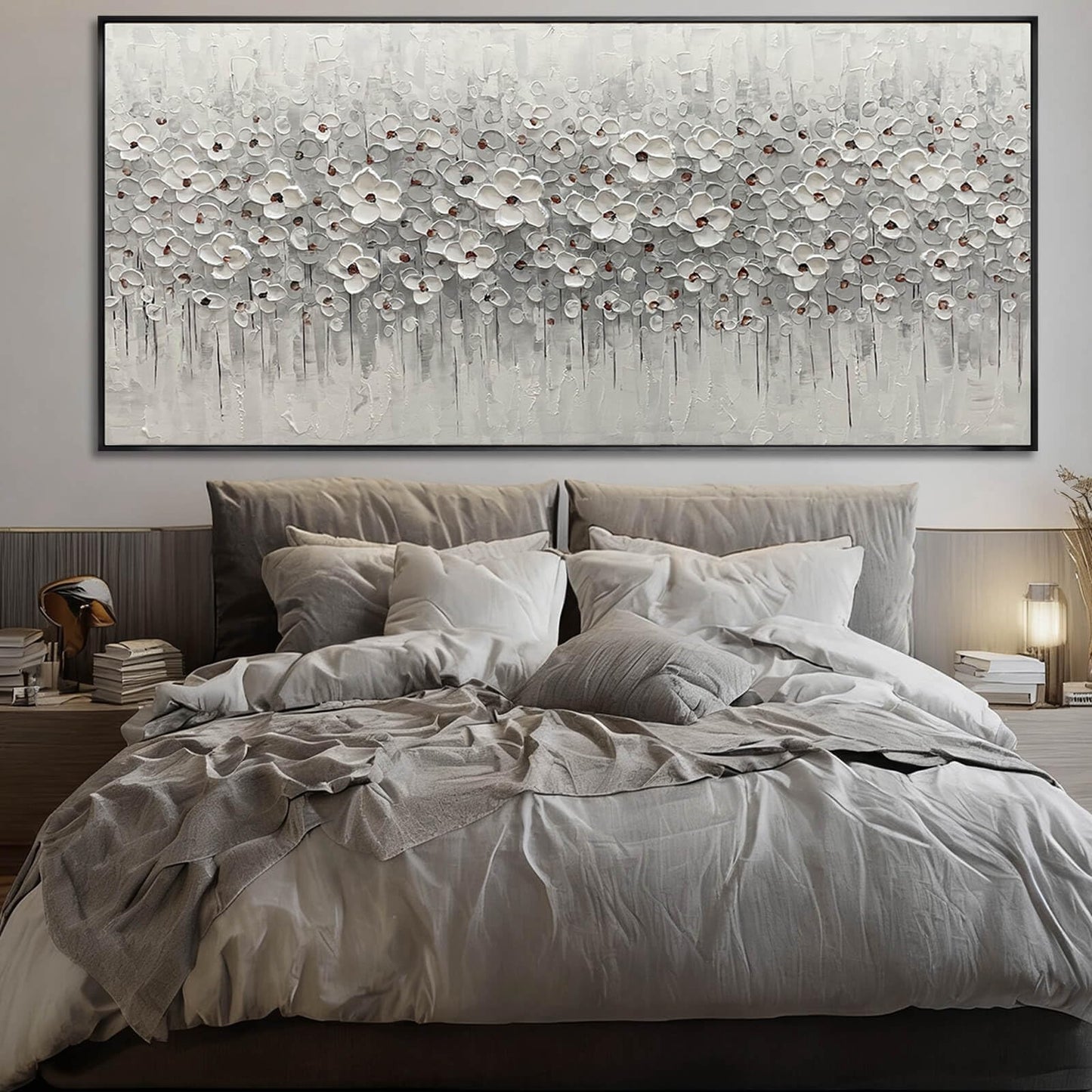 SDYA Oversized White Flower Wall Art, Hand Painted Floral Canvas Paintings With Frame, Extra Large Modern Wall Decor for Living Room Bedroom Office 40"x86"
