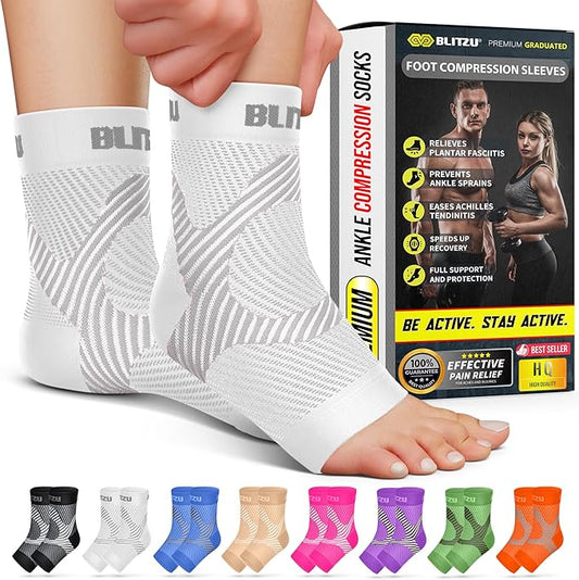 BLITZU Compression Socks for Plantar Fasciitis, Achilles Tendonitis, Arthritis Relief, Ankle Brace Compression Sleeve with Foot Arch Support, Ankle Wrap for Women, Men, Swelling & Heel Pain White XXL