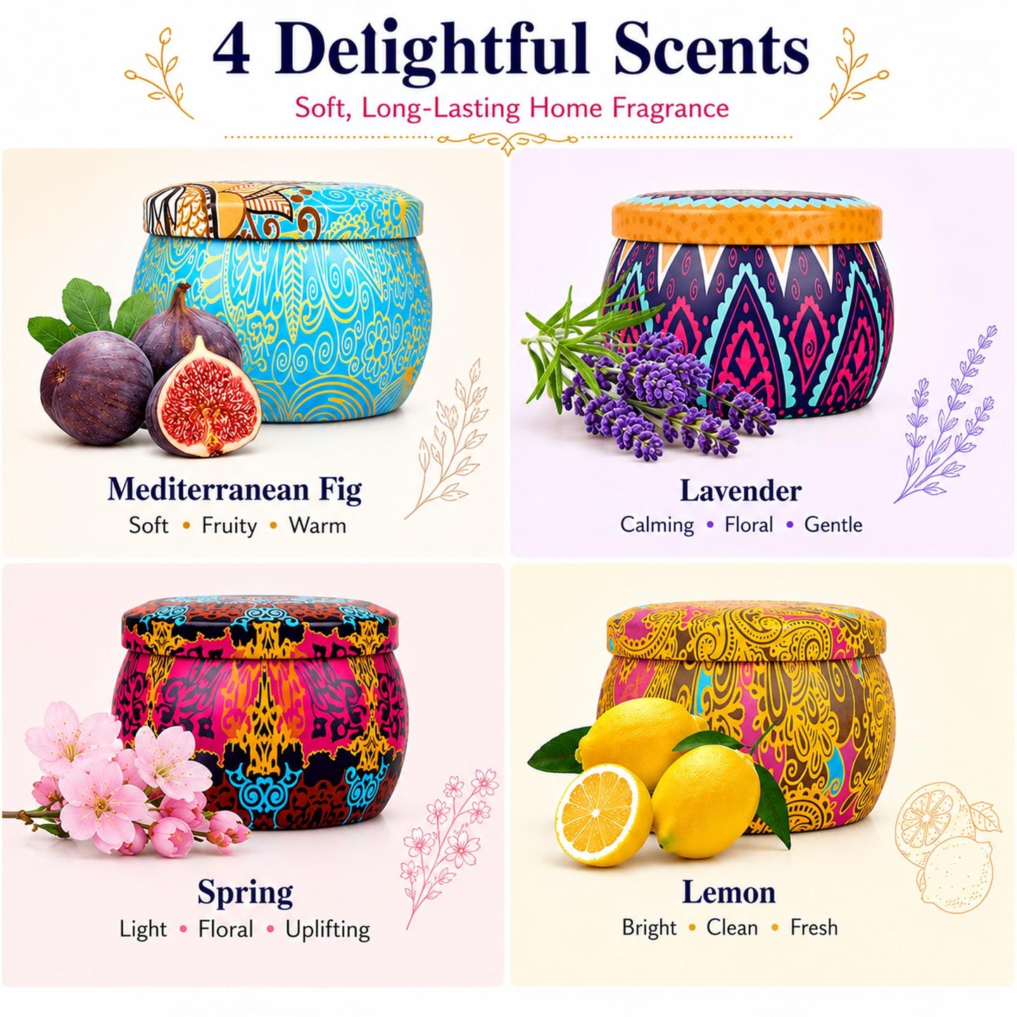 Scented Candles Gift Set for Women, 4 Pack Soy Wax Candles in Classic Bohemian Tins, Aromatherapy Candle Set, Birthday Gifts for Mom, Thank You Gifts