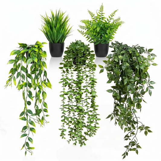GOEJGSDJ 5 Pack Fake Plants - Artificial Hanging Plants & Small Potted Faux Eucalyptus Fern Ivy, UV Resistant Maintenance-Free, for Shelf Wall Desk Home Office Bathroom Indoor Outdoor Decor